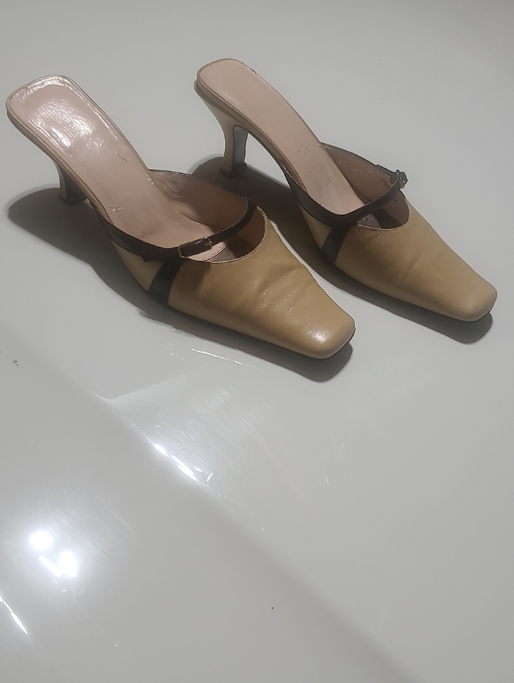 Nine West Beige and Black Square-Toe Strap Mules